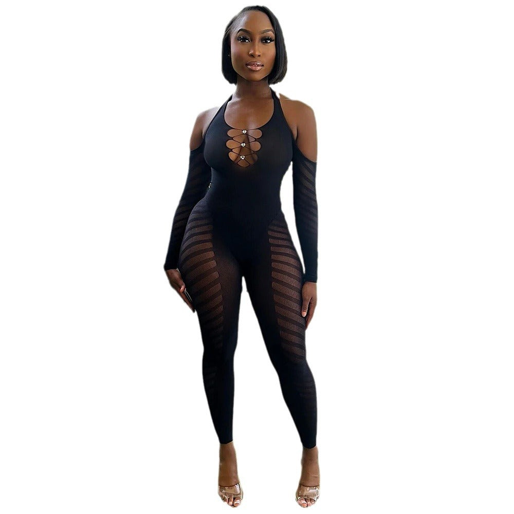 Women's Autumn Rhinestone Halter Sleeve Sexy Nylon High Jumpsuits