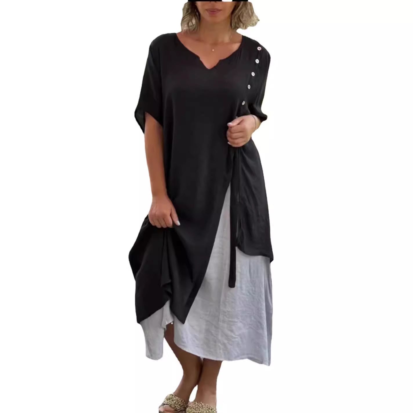 Women's Fashion Sleeve Fake Two-piece Asymmetric Dress Dresses
