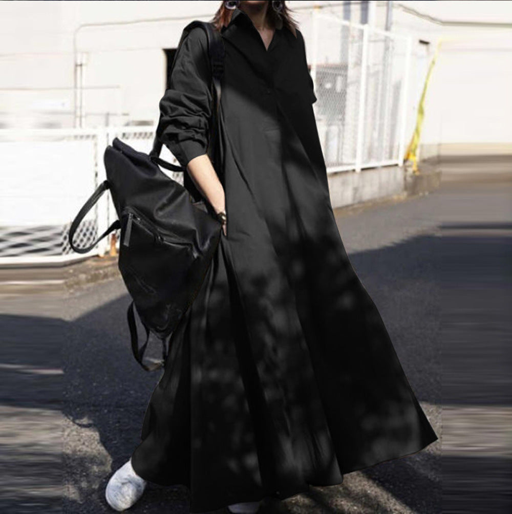 Women's Loose Long Sleeve Big Hem Solid Color Cotton Dress
