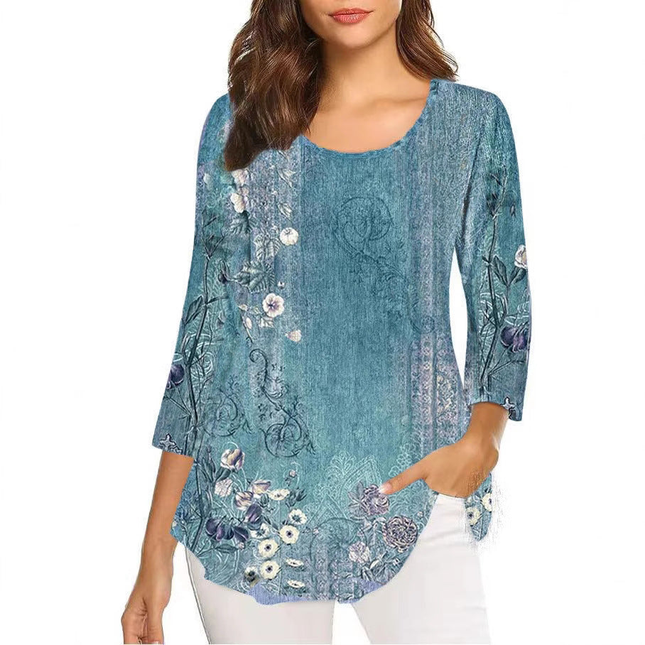 Autumn Three-quarter Sleeve Round Neck Printed Mid-length Bottoming Tops