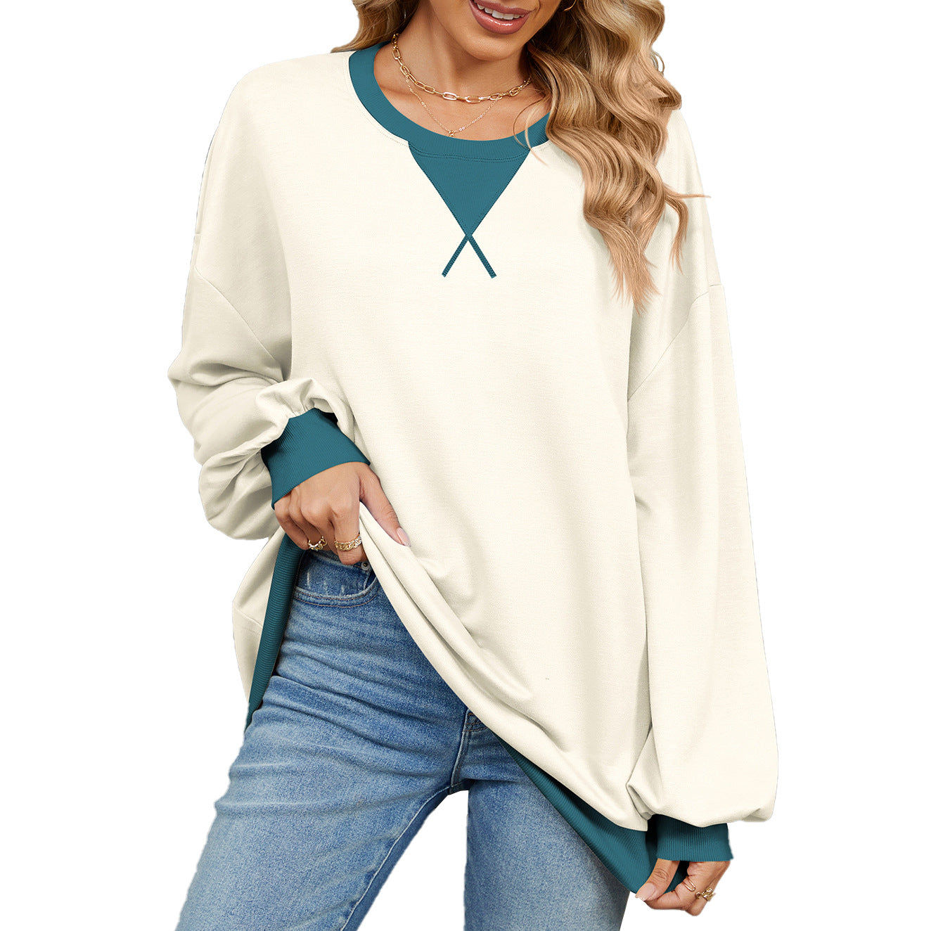 Women's Contrast Color Round Neck Loose Long Women's Sweater, Sweater