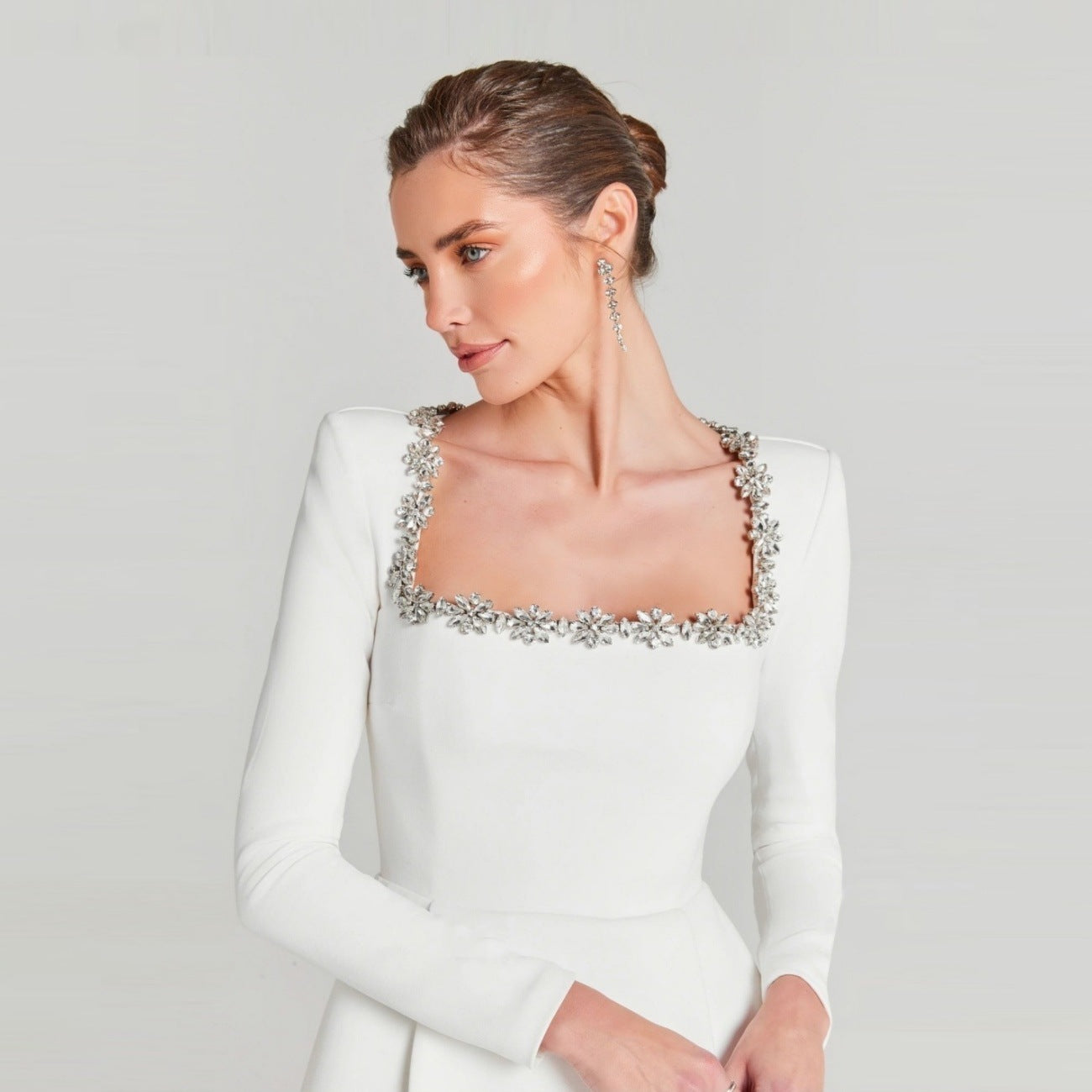 Women's Long Sleeve French Square Collar Rhinestone Dresses
