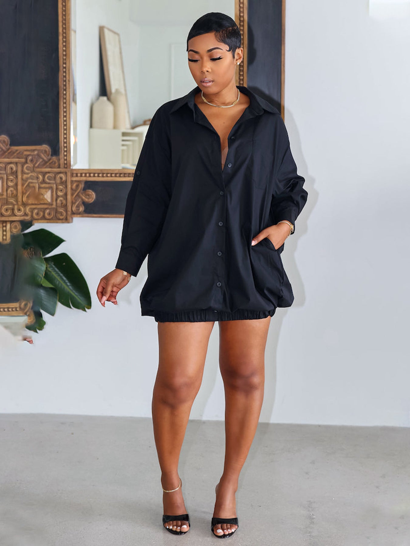 Women's Autumn Solid Color Buttons Loose Shirt Dresses