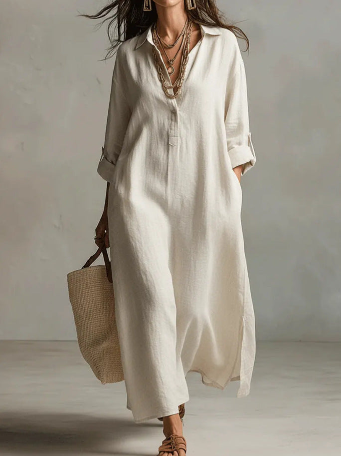 Cotton Linen Dress Solid Color Polo Collar Long Sleeve Fashion Casual Suit