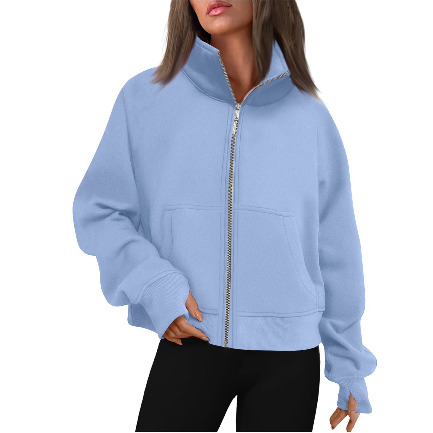 Women's Long Zipper Stand Collar Thumb Hole Brushed Women's Sweater, Sweater