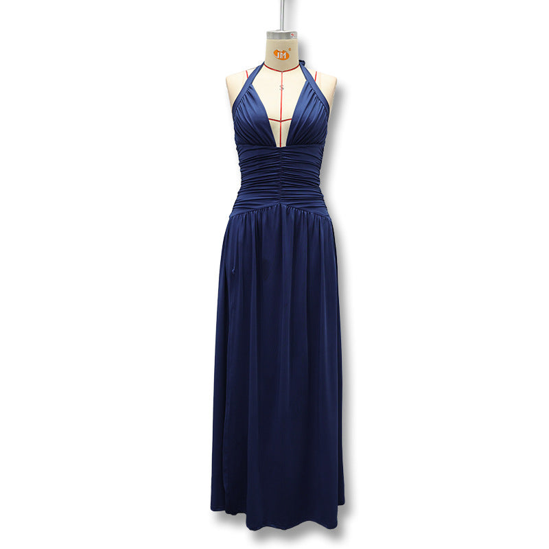 Women's Summer Banquet Style Solid Color Sexy Deep V Halter Backless Dress