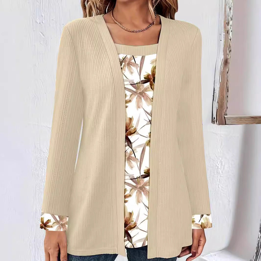 Women's Solid Color Printing Stitching Faux Two-piece Set Women's T-shirt