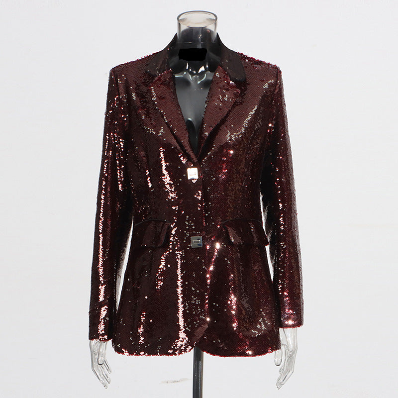 Women's Sequined Design Spring Square Buckle Slimming Suits