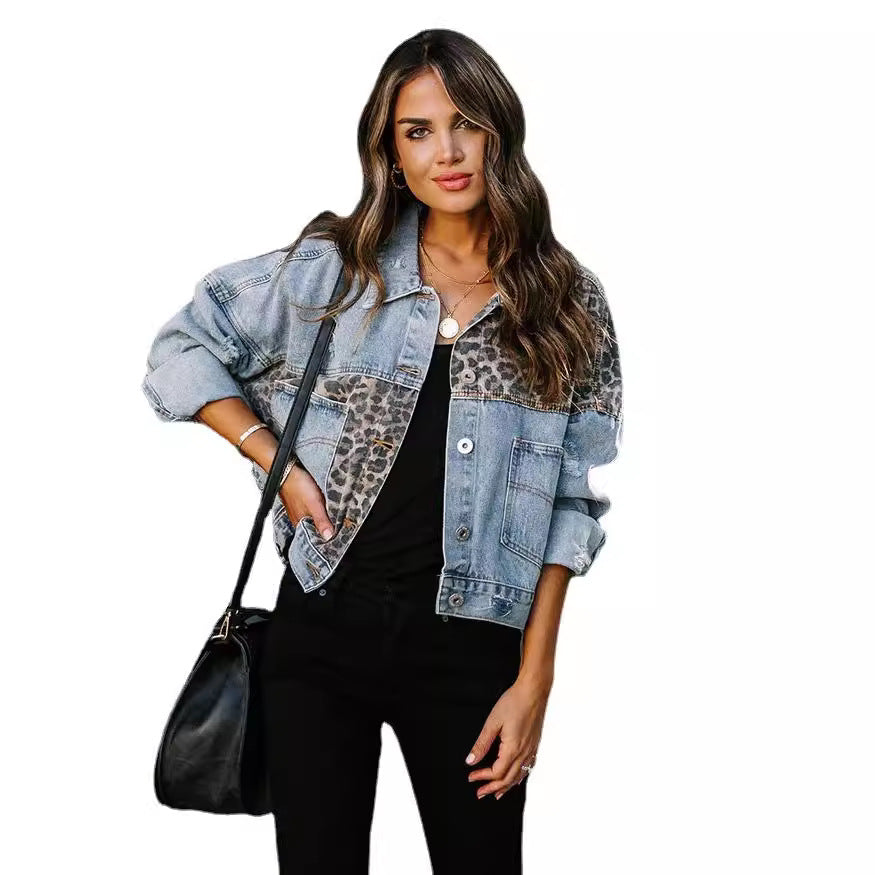 Leopard Print Fashion Stitching Ripped Denim Jackets