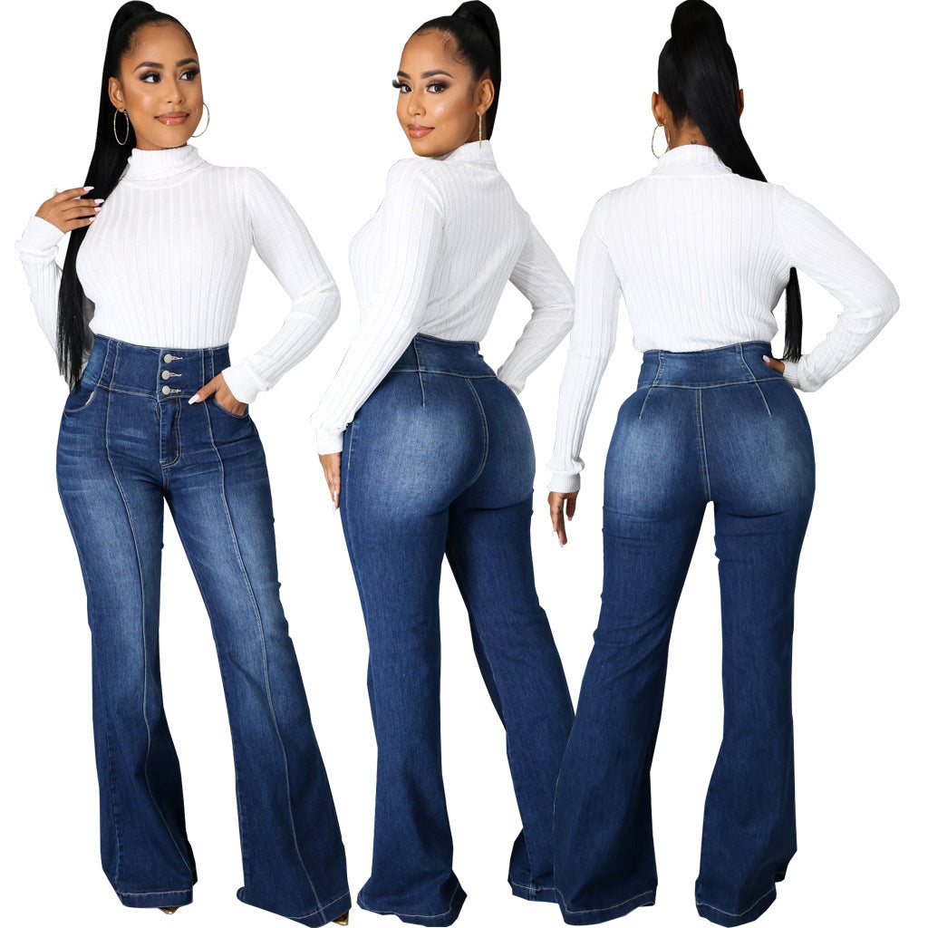 Fashion Trendy Patchwork Washed Denim Stretch Jeans