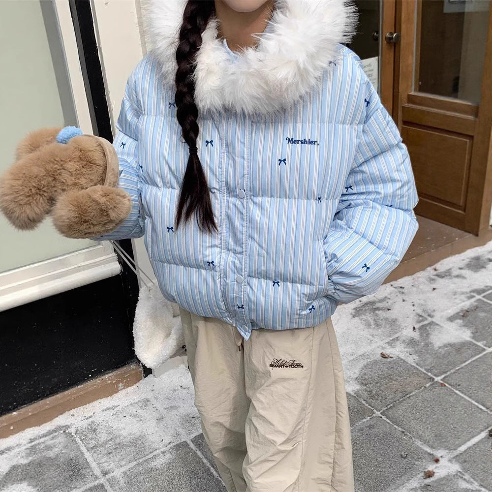 Women's Design Striped Bow Fur Collar Hood Cotton Thick Jackets