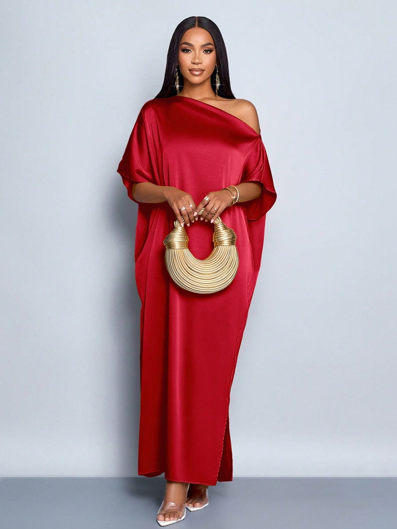 Women's Early Autumn Satin Dress Yellow Long Dresses