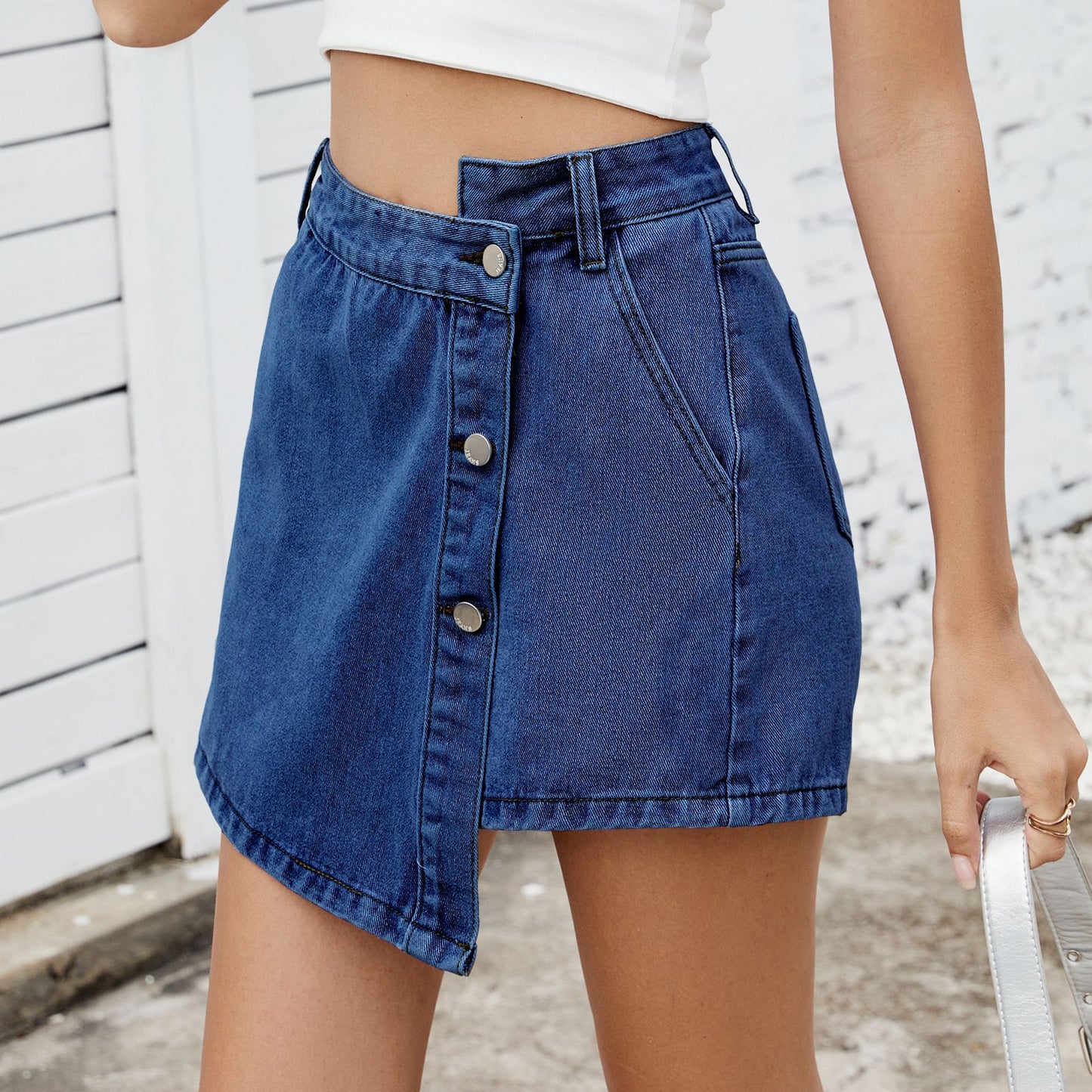 Women's Summer Washed Button Decoration Irregular Denim Women's Jeans