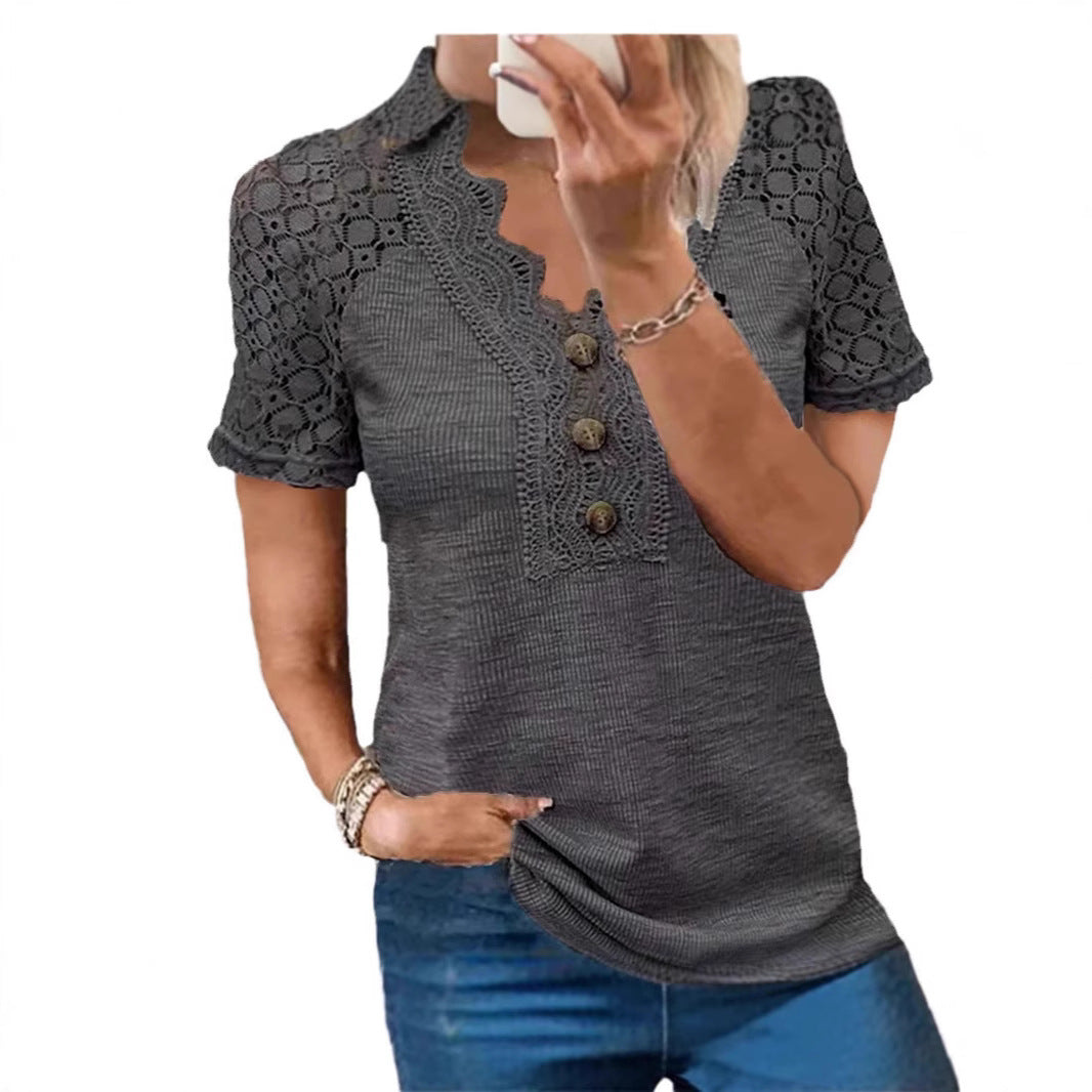 Classic Unique Women's Buttons Hollow Lace Women's T-shirt