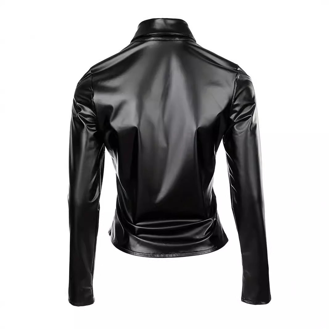 Women's Fashionable Inlaid Decorative Soft Lapel Leather Shirt Blouses