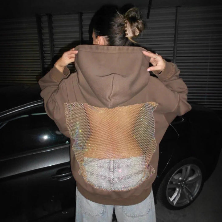 Women's Hooded Long Sleeve Backless Stitching Mesh Women's Sweater, Sweater