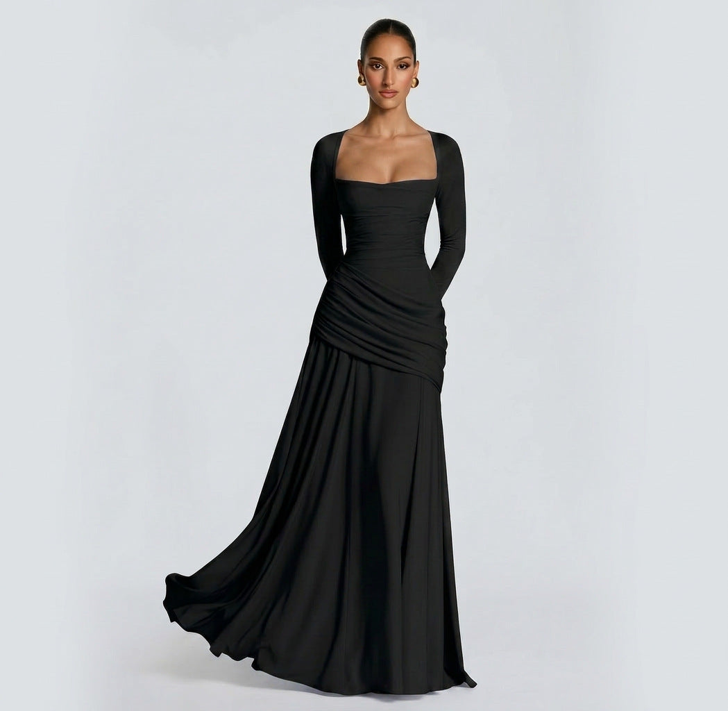 Women's Temperament Pure Color Square Collar Pleated Waist Tight Formal Dress