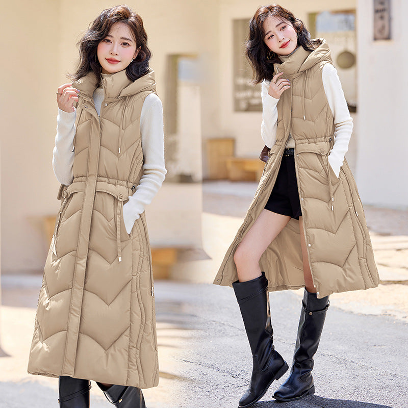Women's Down Cotton Long Korean Thickened Hooded Vests