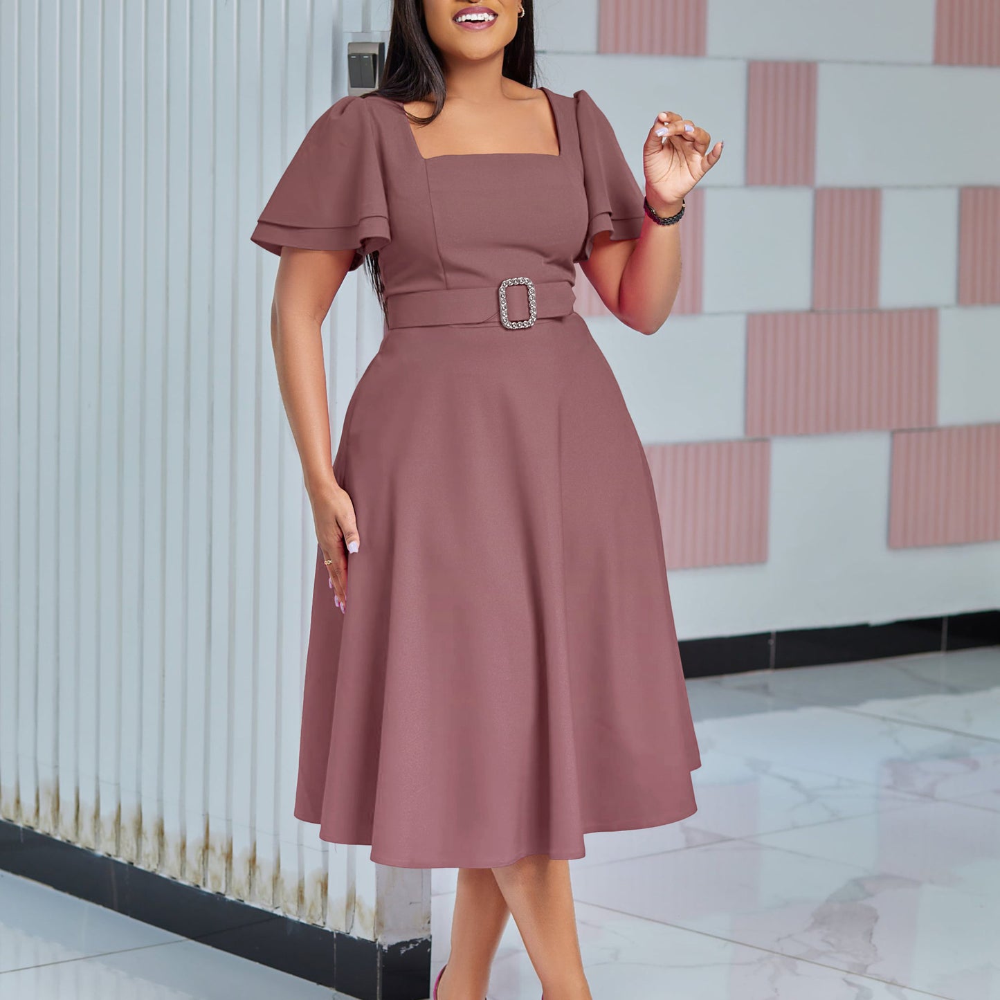 Women's Fashion Flared Sleeves Square Collar High Waist Pure Dress