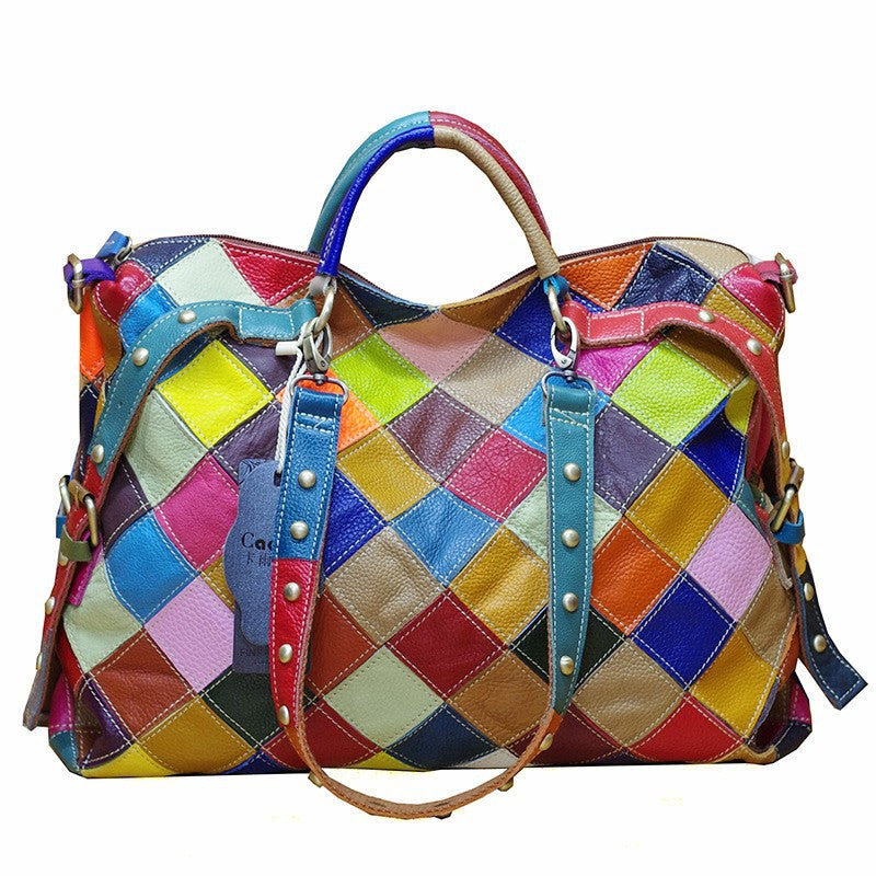 Women's Cowhide Leather Contrast Color Trendy Design Handbags