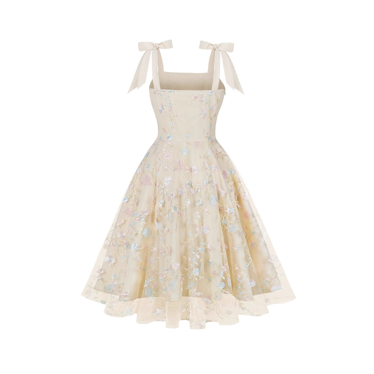 Women's Embroidered High Waist Hepburn Style Retro Spaghetti Dresses