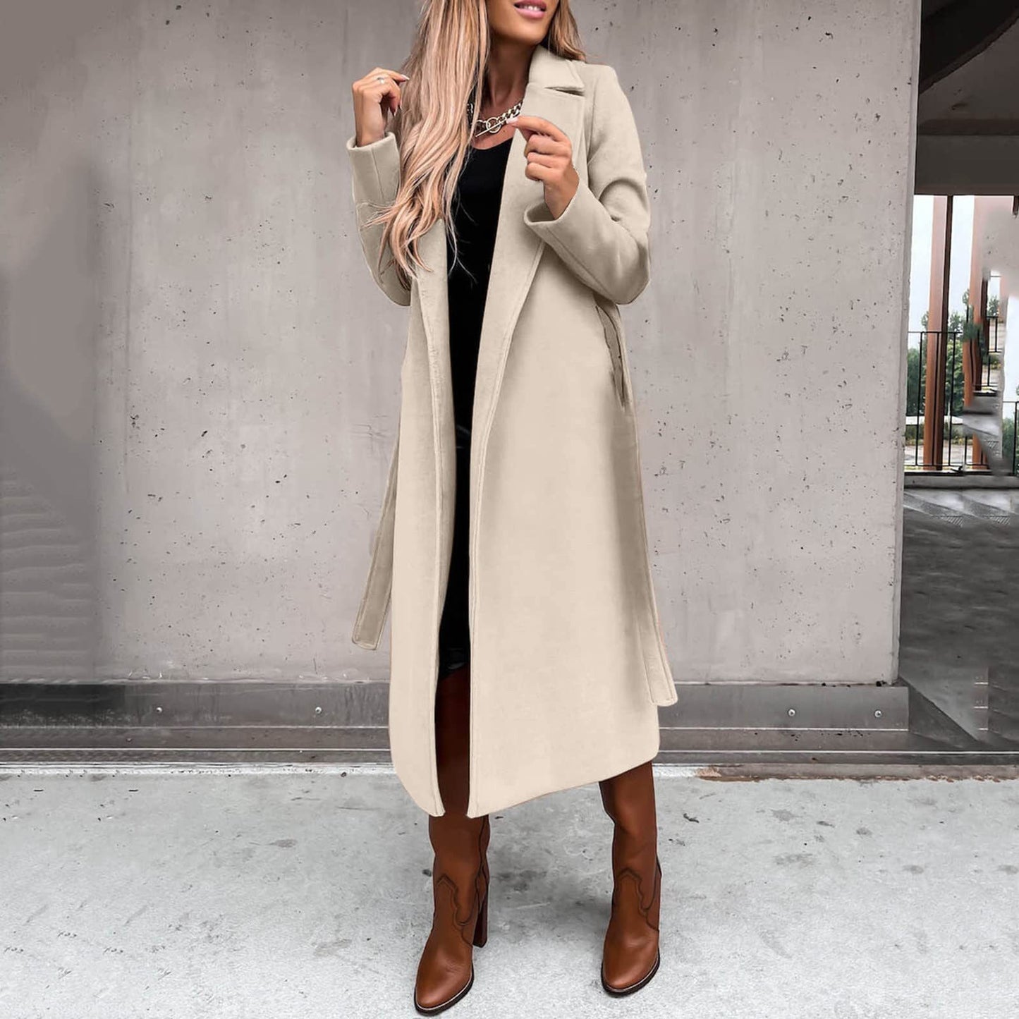 Women's Solid Color Polo Collar Long Sleeve Tied Coats