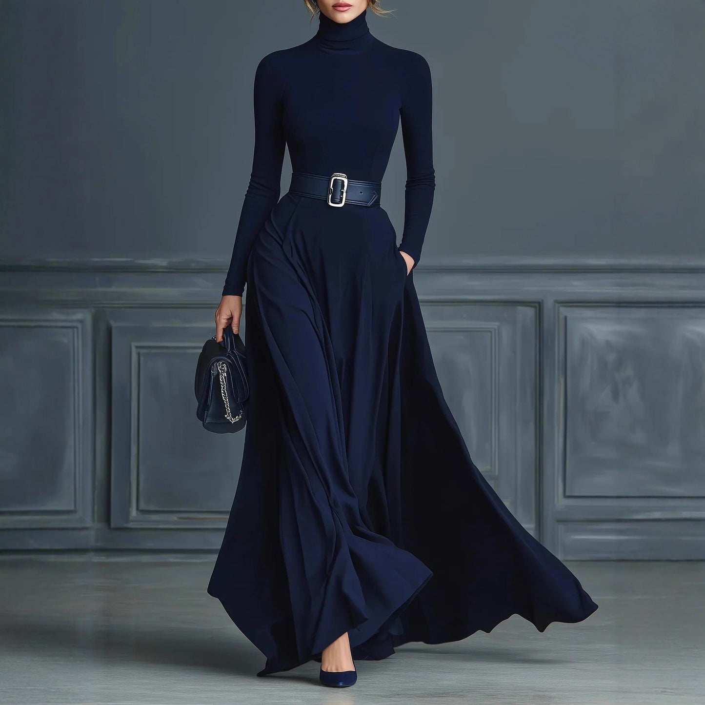 Women's Long-sleeved Solid Color Turtleneck Dress Long Dresses