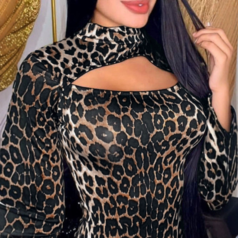 Women's Leopard Print Turtleneck Chest Long Sleeve Jumpsuits