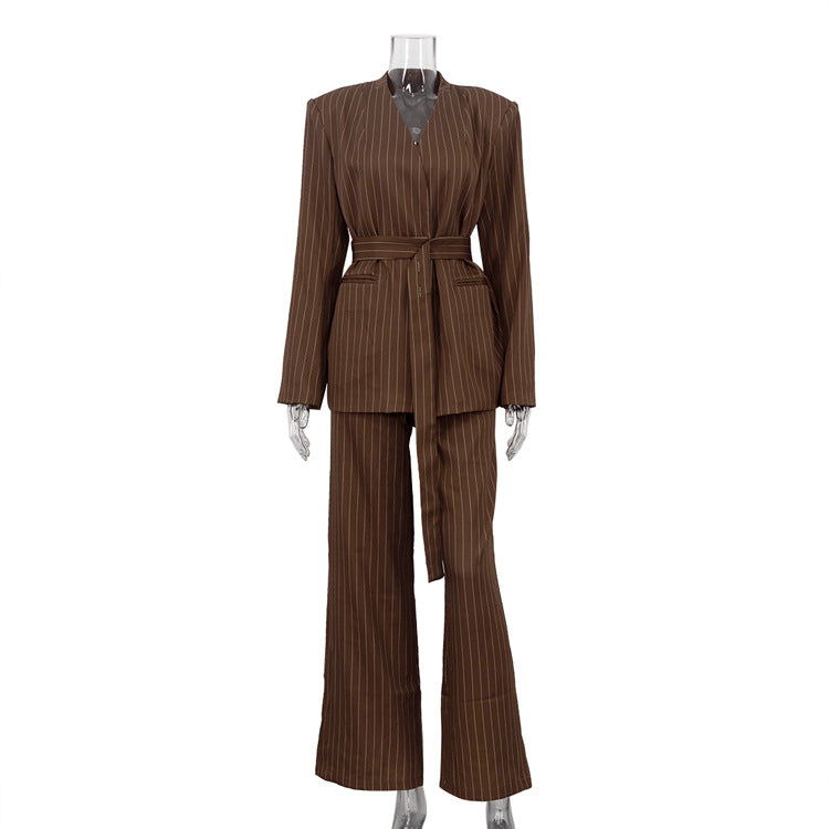 Women's Striped High-grade Long-sleeved Belt Two-piece Suits