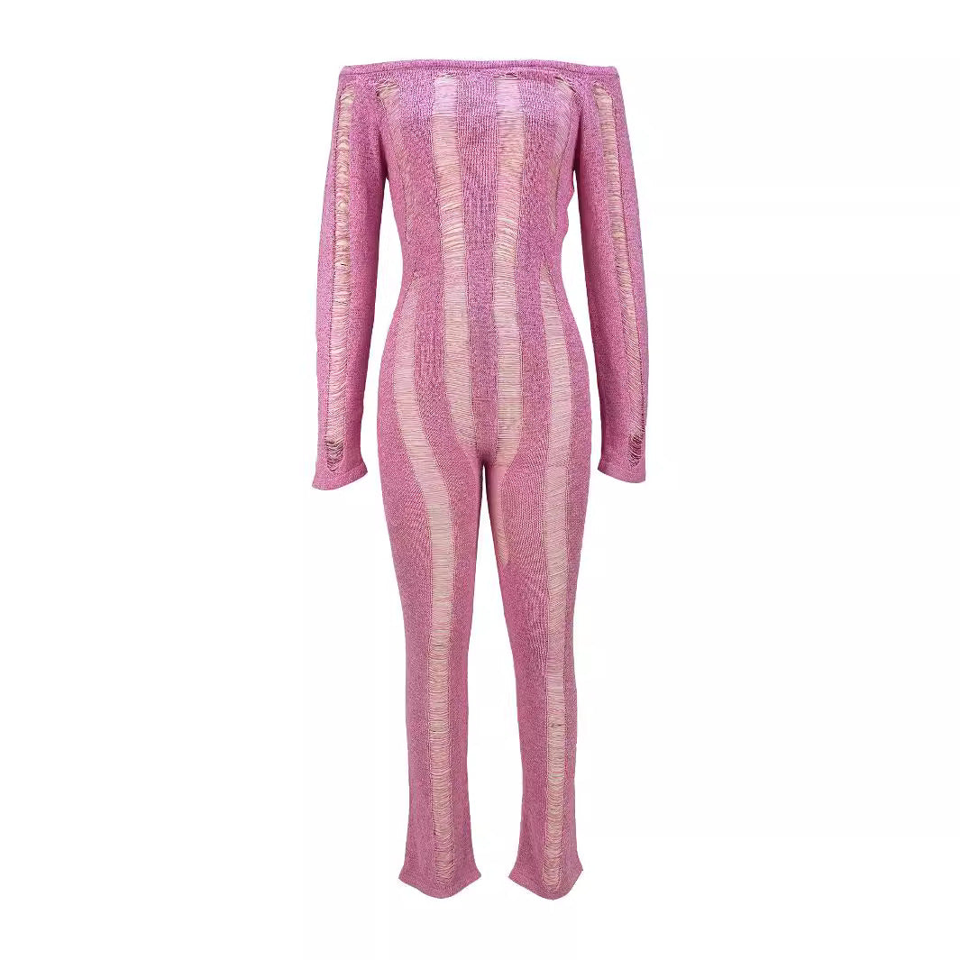 Women's Sexy Cutout Thin Long-sleeved Trousers Back Jumpsuits