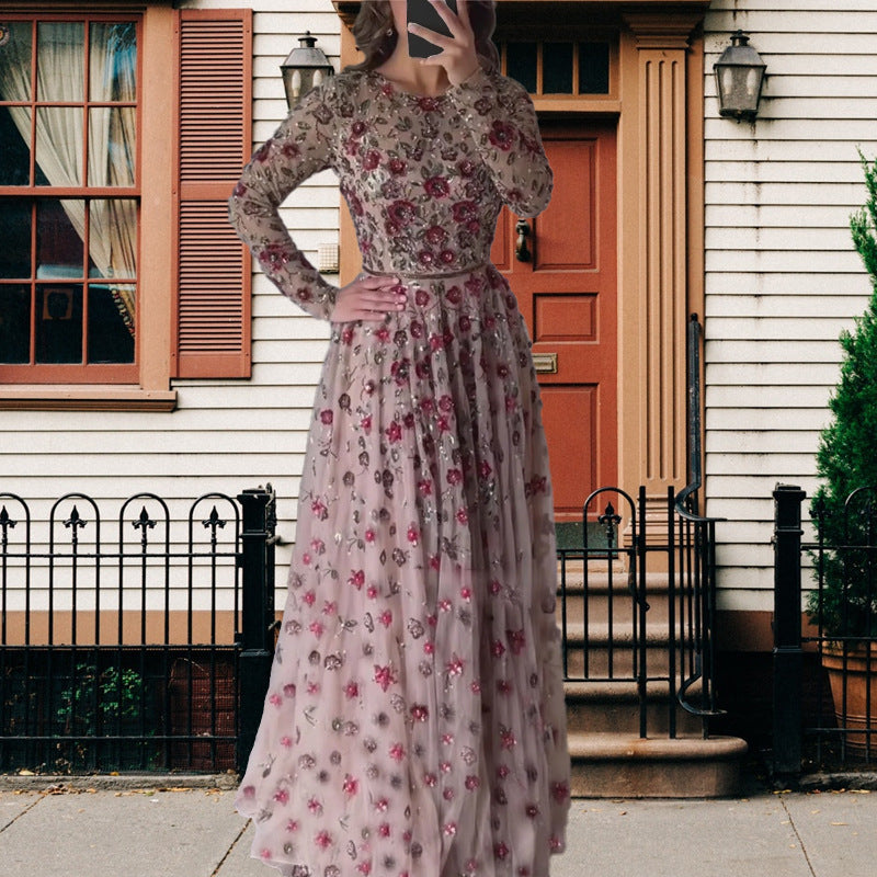 Slimming Mid-length Long Sleeve Three-dimensional Flower Dresses