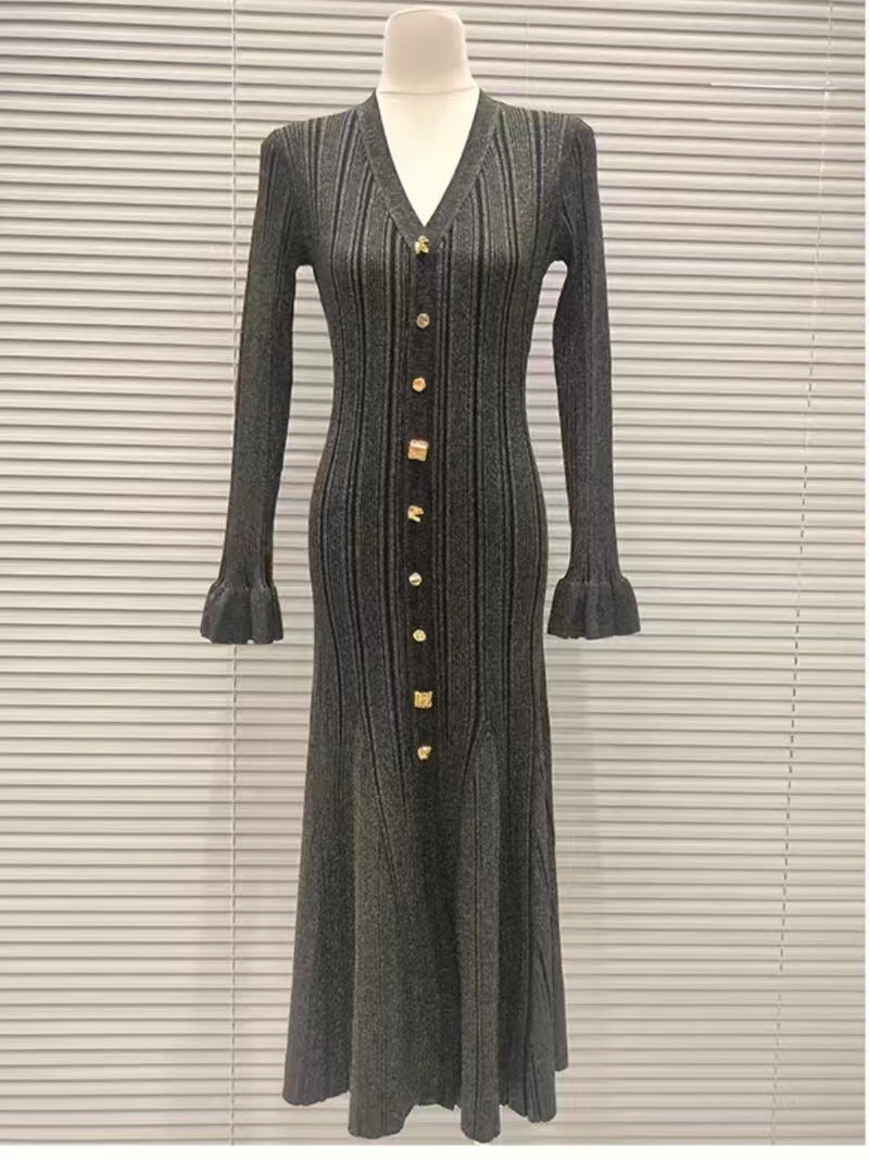 Thin Glittering Line V Single-breasted Flared Dresses
