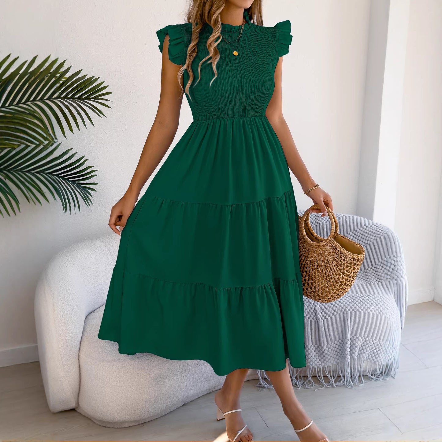 Women's Solid Color Stringy Seedge Flying Sleeves Smocking Dress