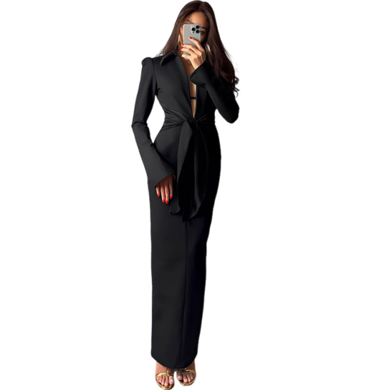 Women's Color Temperament Lapel Waist Tight Lace Dresses