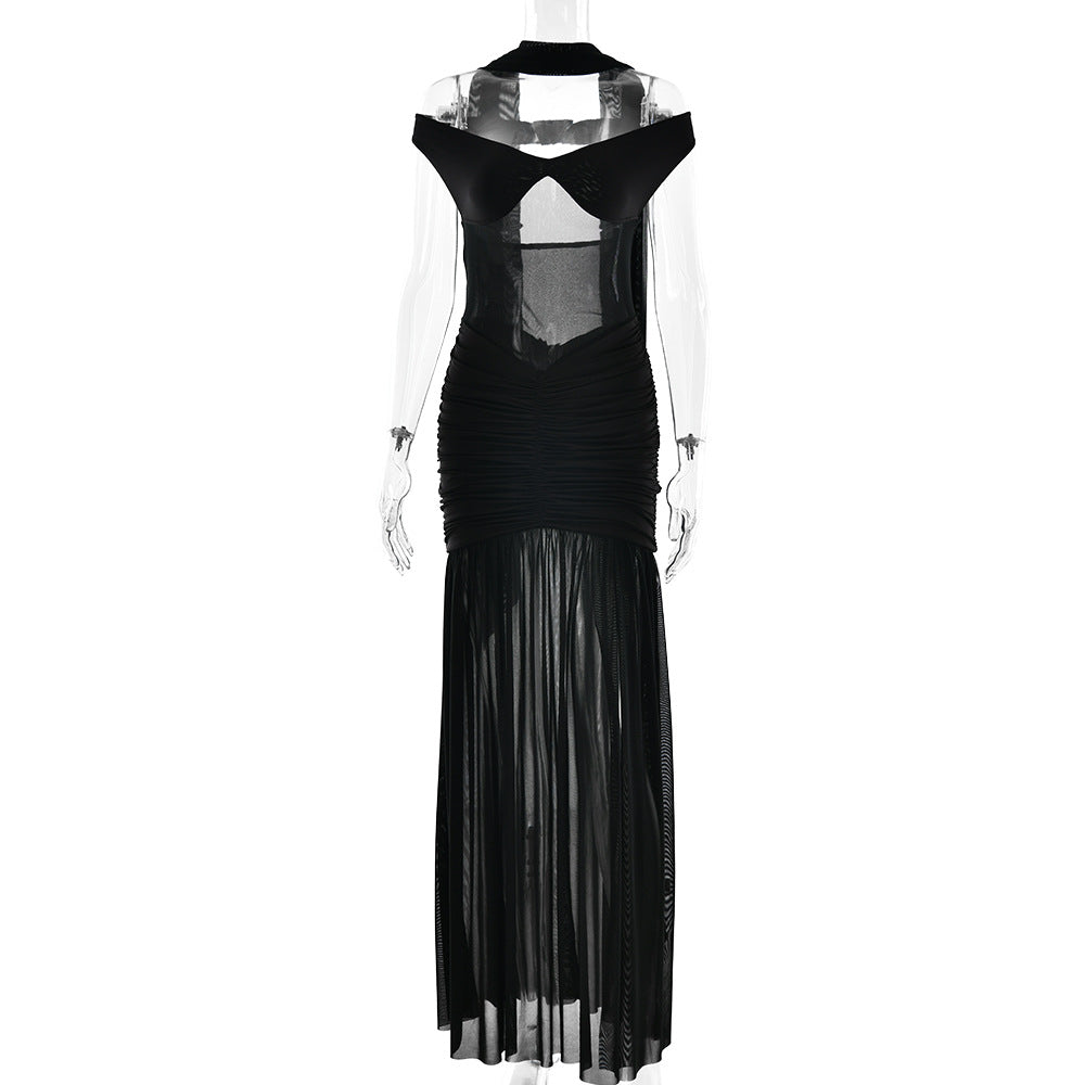 Women's Elegant Tube Dress Sexy Mesh Stitching Dresses