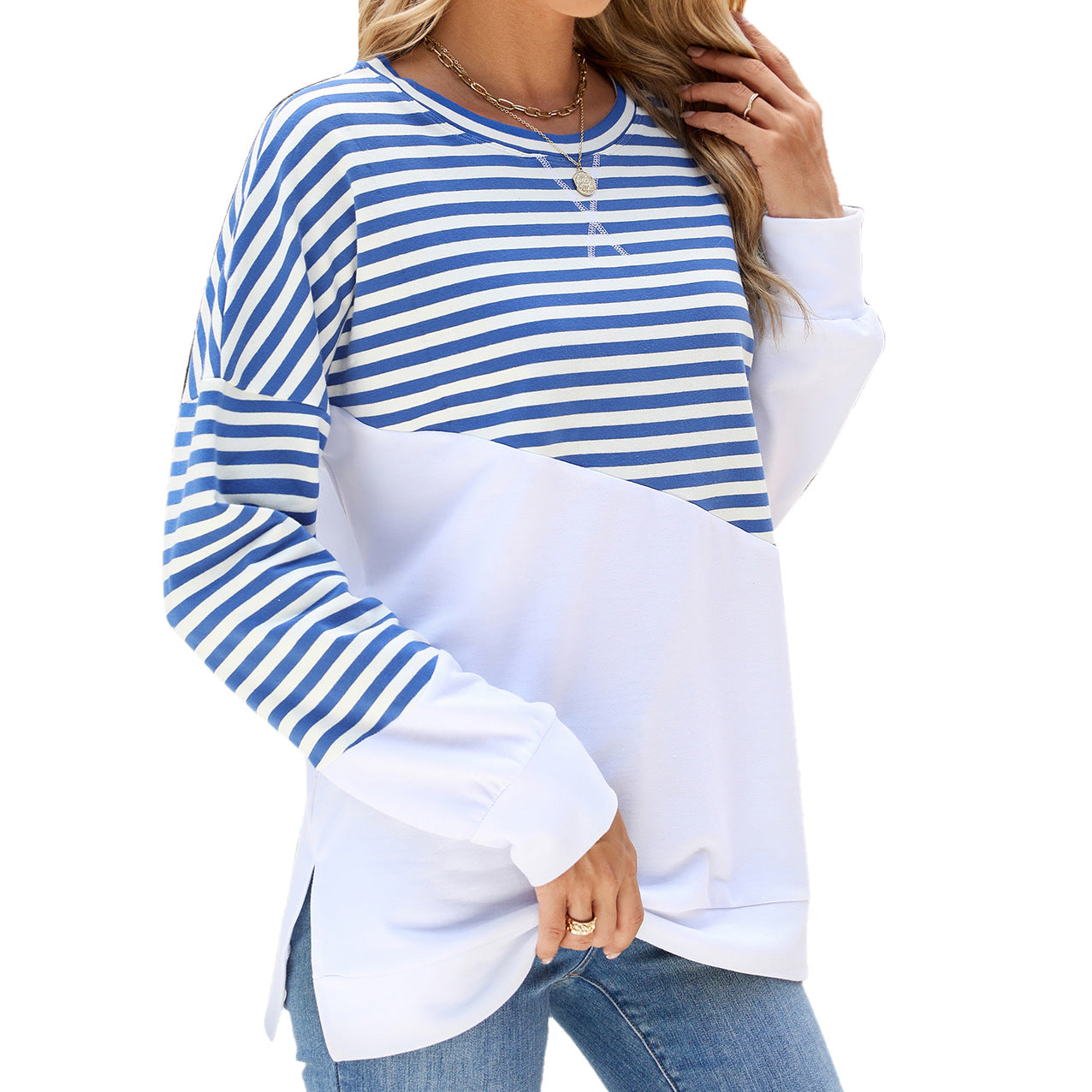 Women's Color Round Neck Contrast Striped Long Coats