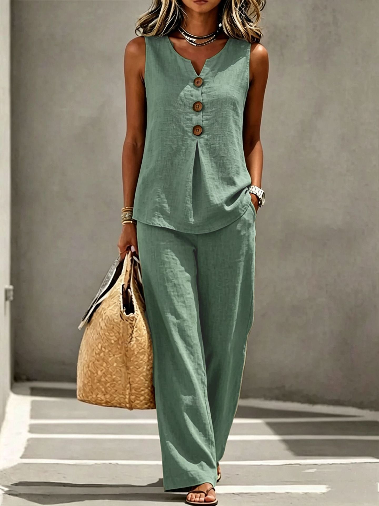 Women's Summer Cotton Linen Sleeveless Buttons Wide Fashion Casual Suit