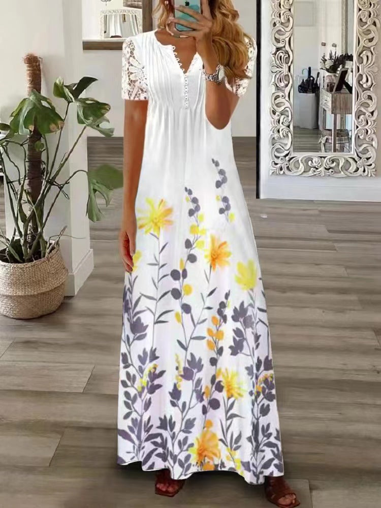 Women's Summer Single Breasted Lace Ruffled Sleeves Dress