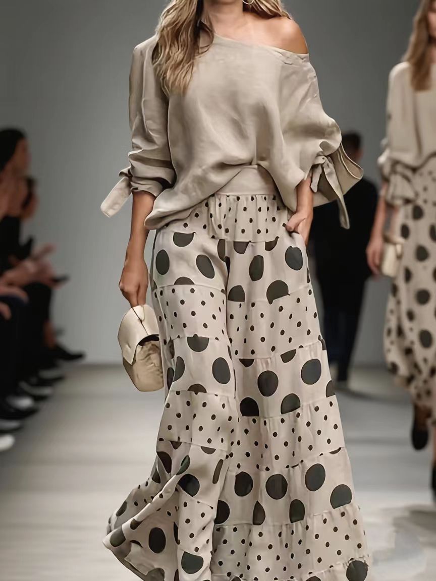 Women's Shoulder Polka Dot Pocket Set Pants