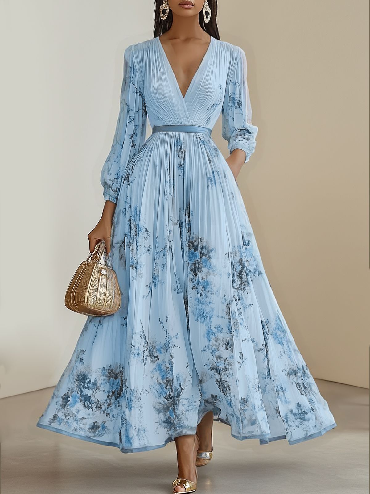 Flower Print Long Sleeve A- Line Dresses