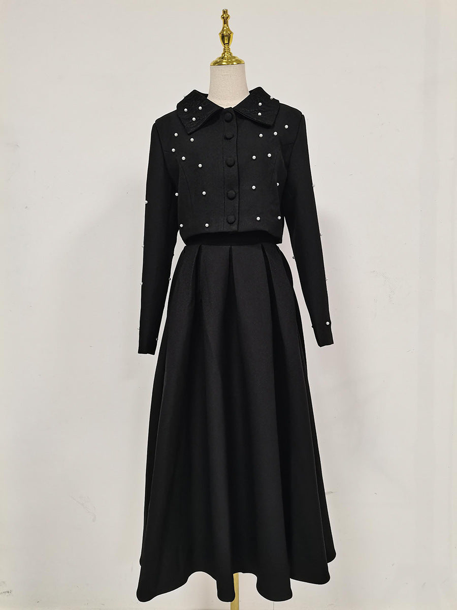 Women's Slim Long Dress Temperament Pure Color Beaded Suits