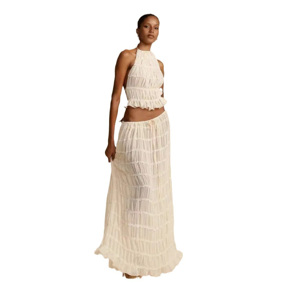 Strap Drawstring Chiffon Pleated Dress Two-piece Dresses