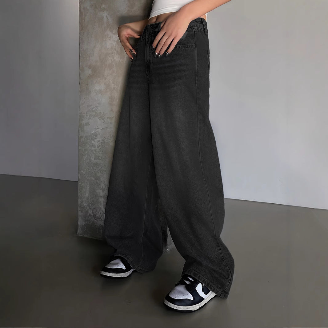 Women's Washed Blue Super Long Mop Loose Hole Women's Jeans