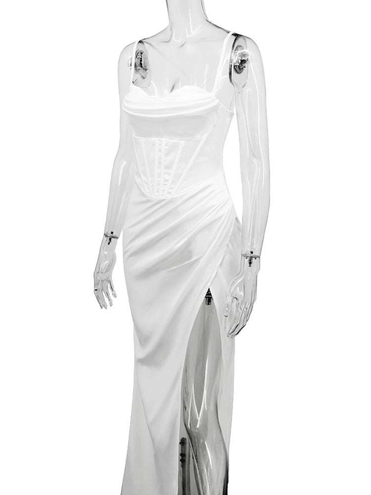 Color Fishbone Sling Front Slit Backless Dresses