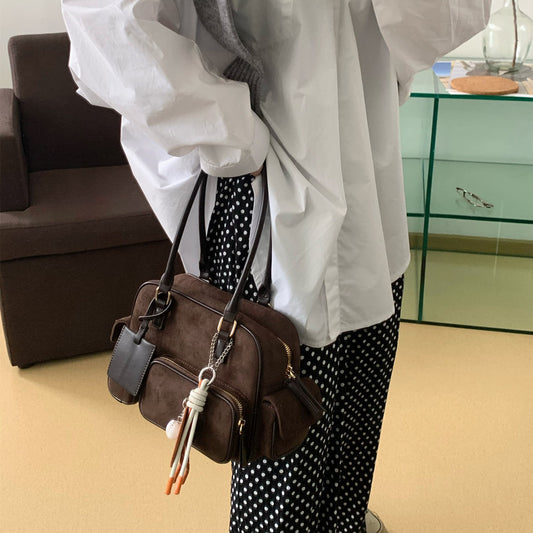 Niche Retro Motorcycle Frosted Suede Underarm Crossbody Bags
