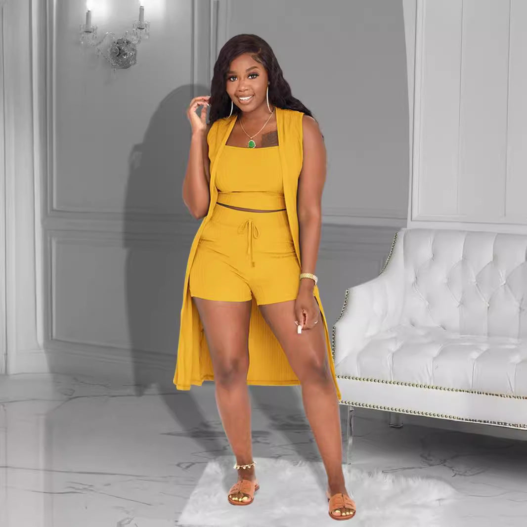 Women's Sunken Stripe Solid Color Three-piece Clothing