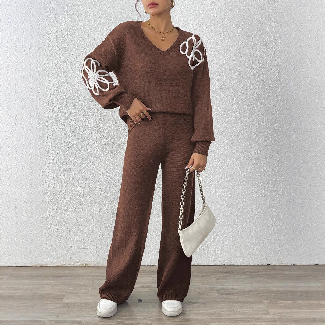Women's Casual Flower Embroidered Ribbon Two-piece Set Sweaters