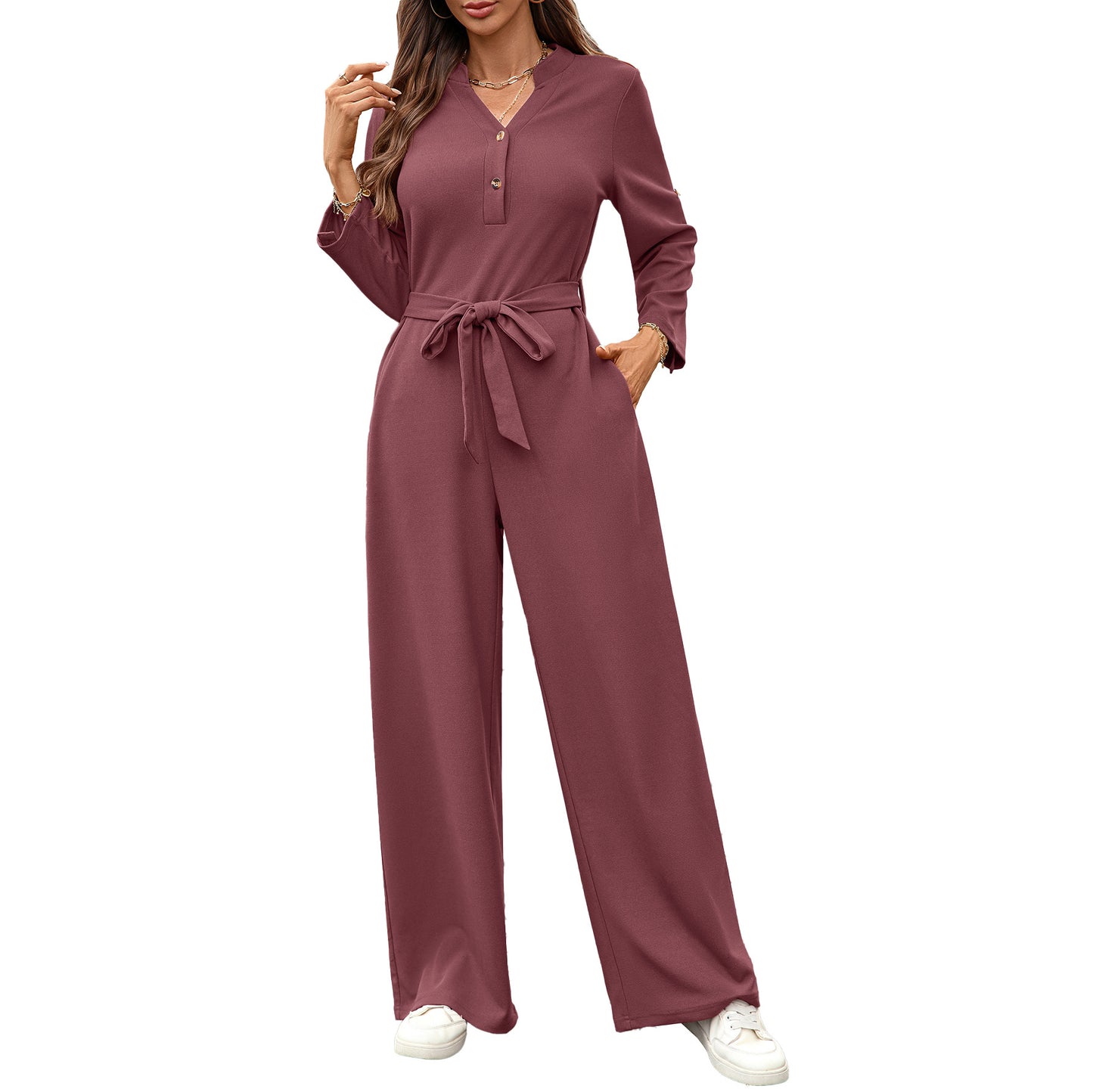 Solid Color High Waist Button Long Sleeve Women's Jumpsuit/clothing
