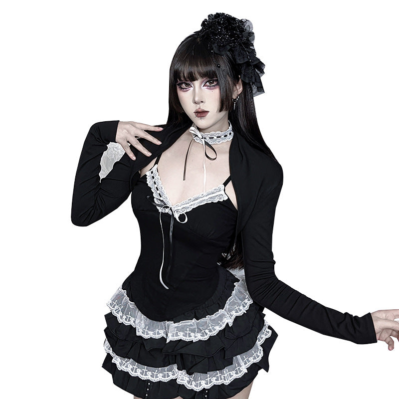 Asian Culture Contrast Color Lace Stitching Blouses