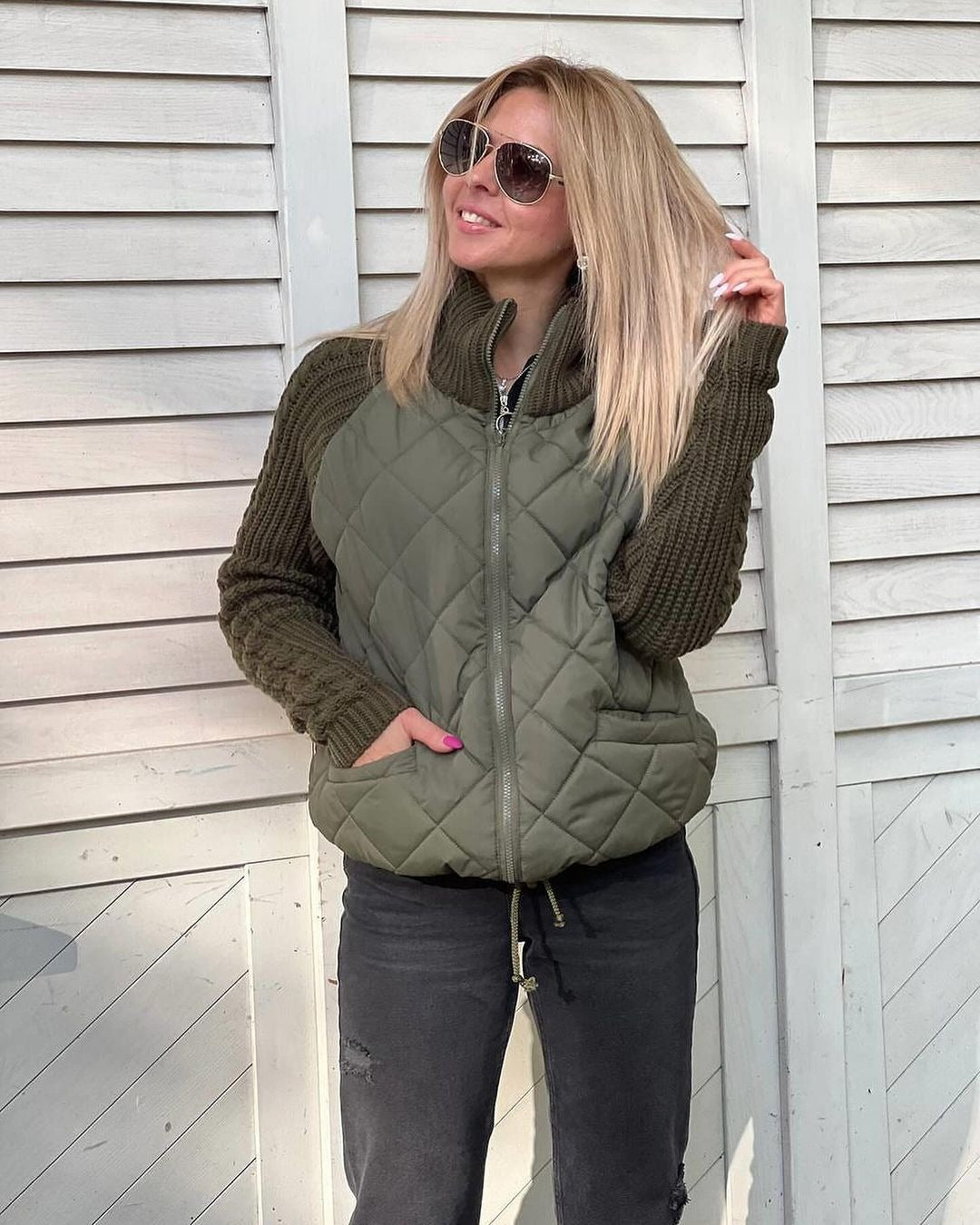 Women's Stand-up Collar Splicing Zipper Long Sleeve Coats